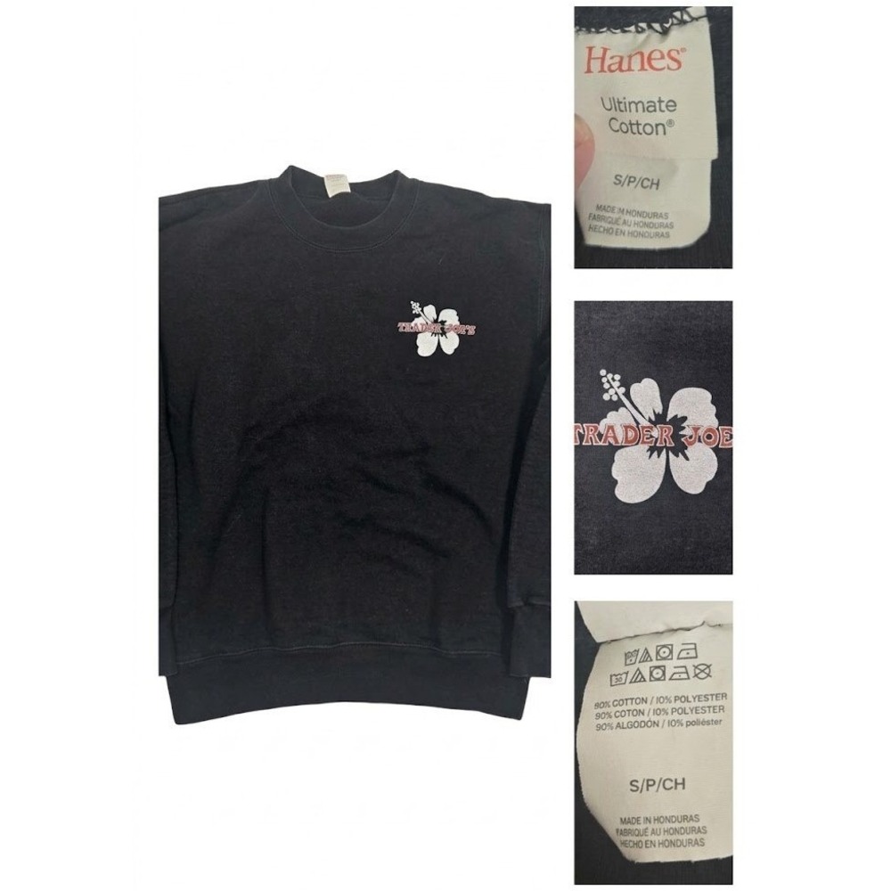 rader Joes Crewneck Sweatshirt Mens Small Black Hibiscus Flower Employee Swag - Picture 2 of 10